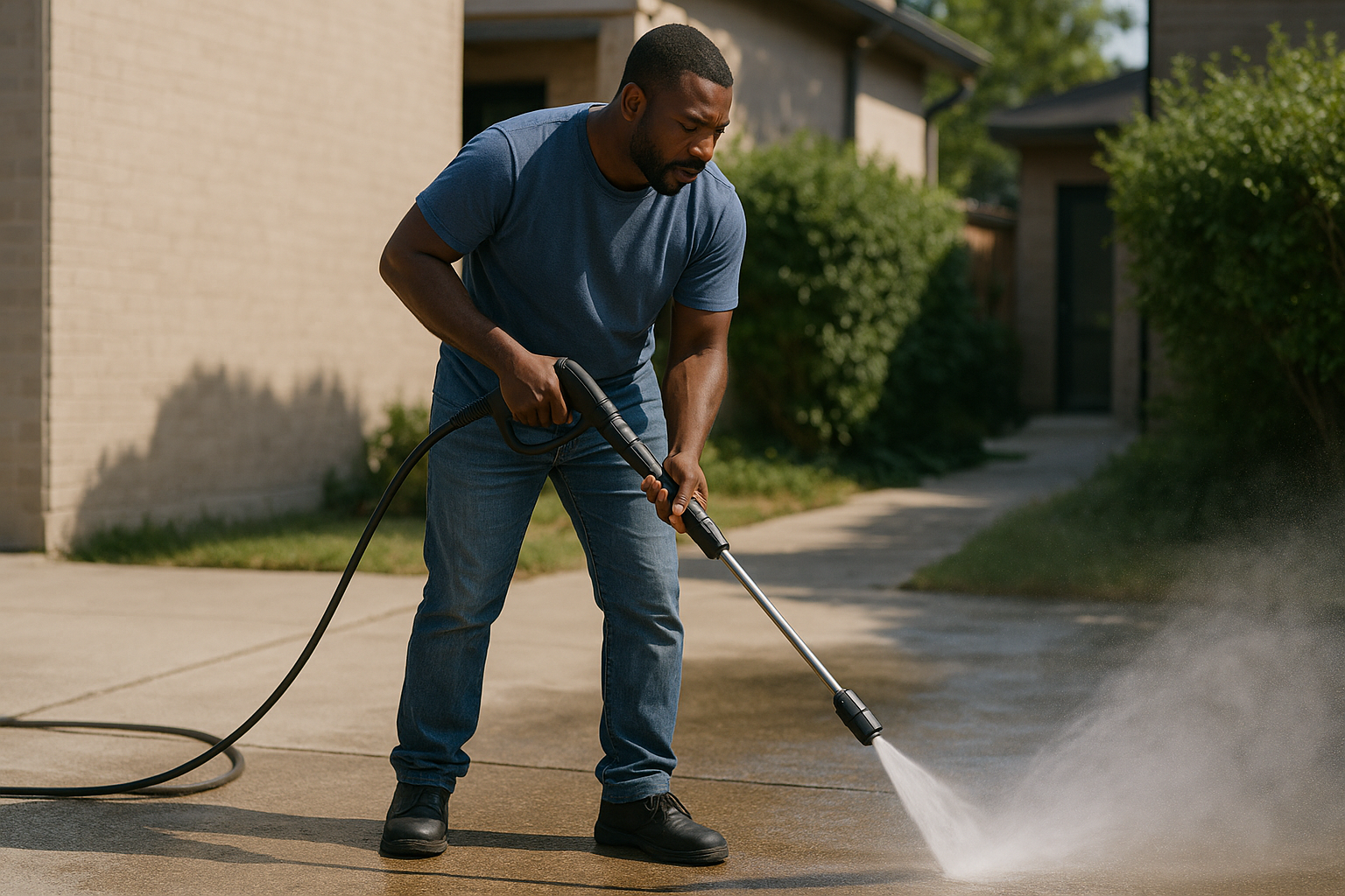 african american person power washing outside ground